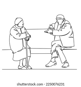 One continuous single drawing line art flat doodle senior, bench, elderly, woman, female, man, couple, two, pensioner. Isolated image hand draw contour on a white background