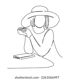One continuous single drawing line art flat doodle girl, book, woman, hat, female. Isolated image hand draw contour on a white background