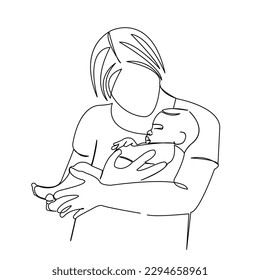 One continuous single drawing line art flat doodle mother, child, baby, family, parent, love, newborn. Isolated image hand draw contour on a white background