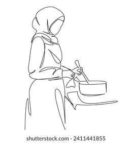 One continuous single drawing line art flat doodle kitchen, food, home, cooking, muslim, female, arab, indoors. Isolated image hand draw contour on a white background, hand drawn, not AI