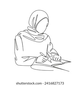 One continuous single drawing line art flat doodle student, muslim, study, girl, young, hijab, school, female, education. Isolated image hand draw contour on a white background, hand drawn, not AI