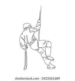 One continuous single drawing line art flat doodle sport, rock, climber, mountain, climb, outdoor, risk, cliff. Isolated image hand draw contour on a white background, hand drawn, not AI