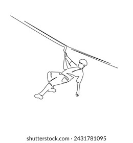One continuous single drawing line art flat doodle nature, outdoor, mountain, people, man, rope, risk, danger, sport. Isolated image hand draw contour on a white background, hand drawn, not AI