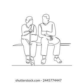 One continuous single drawing line art flat doodle senior, old, woman, man, people, couple, happy, love, talking. Isolated image hand draw contour on a white background, hand drawn, not AI