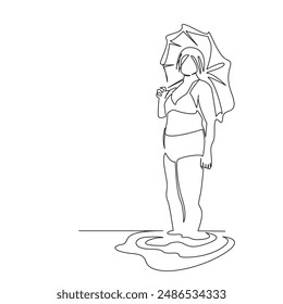 One continuous single drawing line art flat doodle  stretch out, sea, beach, vacation, senior, woman, pensioner, sand, tourism. Isolated image hand draw contour on a white background
 - Powered by Shutterstock