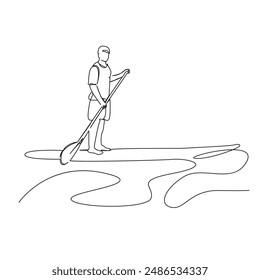 One continuous single drawing line art flat doodle  stretch out, man, travel, board, paddle, sap, nature, water, sport, leisure. Isolated image hand draw contour on a white background