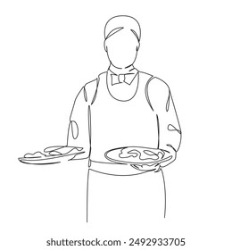 One continuous single drawing line art flat doodle  waiter, service, plate, meal, food, person, restaurant, lunch, cafe, dining. Isolated image hand draw contour on a white background