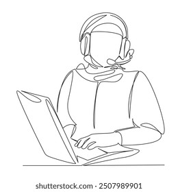 One continuous single drawing line art flat doodle Muslim businesswoman dispatcher communicates with clients via headphones. Isolated image hand draw contour on a white background