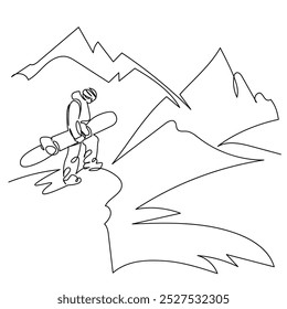 One continuous single drawing line art flat doodle snow, mountain, winter, sport, ski, snowboard, nature, snowboarding, extreme. Isolated image hand draw contour on a white background