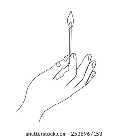 One continuous single drawing line art flat doodle flame, burning, holding, danger, igniting,  human hand, matchstick, fire - natural phenomenon, human body part. Isolated image hand draw contour on a