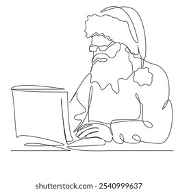 One continuous single drawing line art flat doodle Santa Claus reads letters from children on his laptop, wishes, holiday, dreams, technology. Isolated image hand draw contour on a white background - Powered by Shutterstock