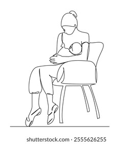 One continuous single drawing line art flat doodle woman breastfeeding newborn baby, sitting in chair, food, care. Isolated image hand draw contour on a white background, hand drawn, not AI - Powered by Shutterstock