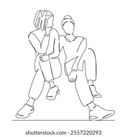 One continuous single drawing line art flat doodle teenage, girl, sitting, person, lifestyle, friends, friendship, young. Isolated image hand draw contour on a white background, hand drawn, not AI