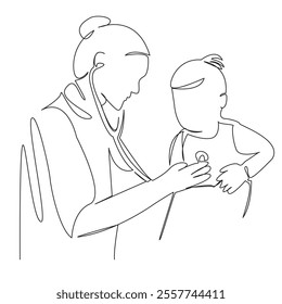 One continuous single drawing line art flat doodle child, doctor, listening, patient, stethoscope, person, indoor, care, hospital, female. Isolated image hand draw contour on a white background, hand  - Powered by Shutterstock