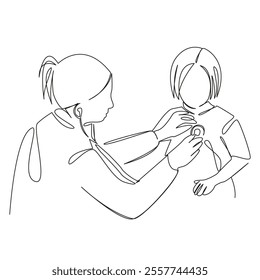 One continuous single drawing line art flat doodle doctor examines child, doctor's appointment, pediatrician, listens through strioscope. Isolated image hand draw contour on a white background, hand d - Powered by Shutterstock