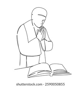 One continuous single drawing line art flat doodle religion, christianity, church, priest, clergy, spirituality, bible. Isolated image hand draw contour on a white background, hand drawn, not AI