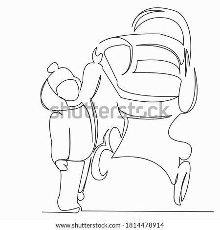 One continuous single drawing line art doodle child, kid, baby, stroller, parent. Isolated image hand draw contour on a white background