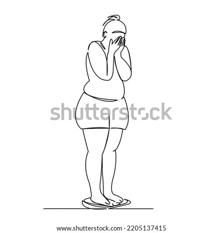 One continuous single drawing line art flat doodle scale, weight, fat, woman, health, obese. Isolated image hand draw contour on a white background