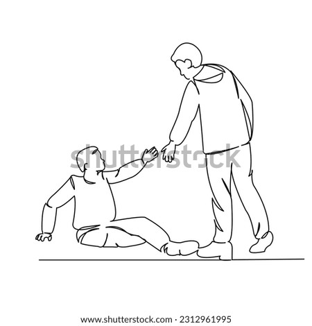 One continuous single drawing line art flat doodle hand, support, people, man, outdoor, help, up, together. Isolated image hand draw contour on a white background