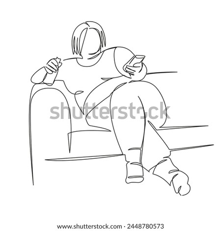 One continuous single drawing line art flat doodle fat, drink, woman, food, unhealthy, tv, snack, obese, lazy. Isolated image hand draw contour on a white background, hand drawn, not AI