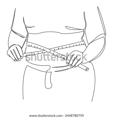 One continuous single drawing line art flat doodle tape, fat, belly, woman, body, weight, centimeter, waist, measurement. Isolated image hand draw contour on a white background, hand drawn, not AI