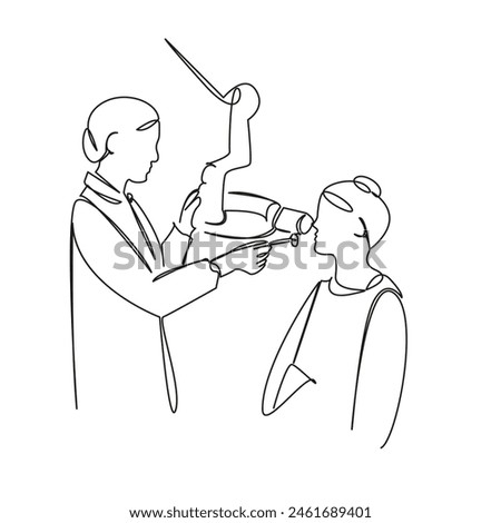 One continuous single drawing line art flat doodle dental, dentist, dentistry, doctor, patient, tooth, machine. Isolated image hand draw contour on a white background, hand drawn, not AI