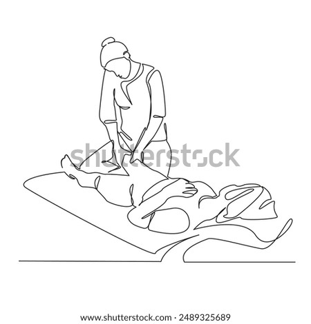 One continuous single drawing line art flat doodle medical, rehabilitation, adult, treatment, patient, physiotherapy, osteopath, old. Isolated image hand draw contour on a white background