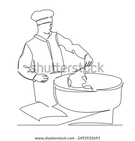 One continuous single drawing line art flat doodle  park, street, person, seller, cotton, tasty, food, festival, soft, sticky. Isolated image hand draw contour on a white background