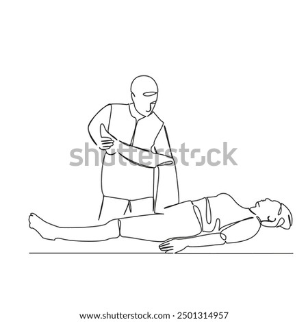 One continuous single drawing line art flat doodle person, woman, physical therapy, doctor, leg, recovery, adult, horizontal, photography. Isolated image hand draw contour on a white background