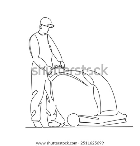 One continuous single drawing line art flat doodle person, cleaner, business, cleaning, washing, equipment, floor, machine, service, working. Isolated image hand draw contour on a white background