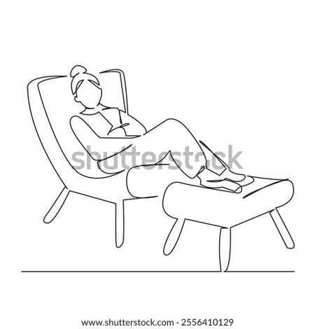 One continuous single drawing line art flat doodle girl woman sitting in chair legs on pouf, rest, daytime sleep, comfort. Isolated image hand draw contour on a white background, hand drawn, not AI