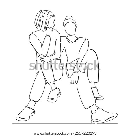 One continuous single drawing line art flat doodle teenage, girl, sitting, person, lifestyle, friends, friendship, young. Isolated image hand draw contour on a white background, hand drawn, not AI
