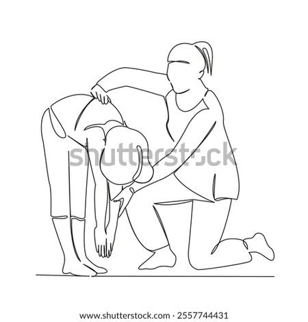 One continuous single drawing line art flat doodle osteopath doing gymnastics with a child, posture, sports, posture disorder. Isolated image hand draw contour on a white background, hand drawn