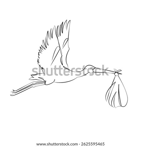 One continuous single drawing line art flat doodle child, stork, bird, newborn, beak, animal, sky, baby. Isolated image hand draw contour on a white background, hand drawn, not AI