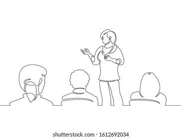 One Continuous Single Drawn Line Art Doodle Conference, Business, Speech, Seminar, Speaker, Meeting, Presentation, Event, Audience, Lecture .Isolated Image Of A Hand Drawn Outline White Background.