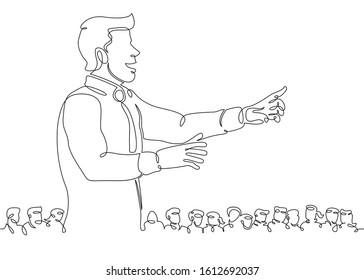 One continuous single drawn line art doodle conference, business, speech, seminar, speaker, meeting, presentation, event, audience, lecture .Isolated image of a hand drawn outline white background.
