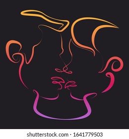 One continuous single drawn line art doodle curl loving kissing couple, kiss, love, hugs . Concept for printing t-shirts and posters.Gradient color, dark background