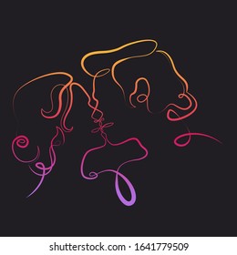 One continuous single drawn line art doodle curl loving kissing couple, kiss, love, hugs . Concept for printing t-shirts and posters.Gradient color, dark background