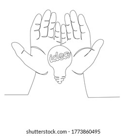 One continuous single drawn line art doodle idea, lamp, bulb, energy, light, palm. isolated image hand-drawn outline on white background.