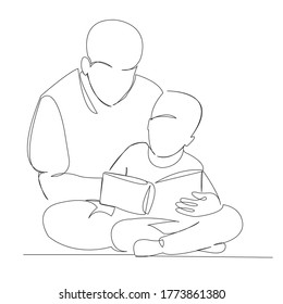 One continuous single drawn line art doodle book, father, child, son, boy. isolated image hand-drawn outline on white background.