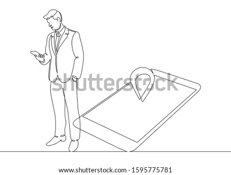 One continuous single drawn line art doodle man phone, smartphone, mobile, man, navigation, map, gps, geotag, pin, point, location, tag, internet . Isolated image  hand drawn outline  white background