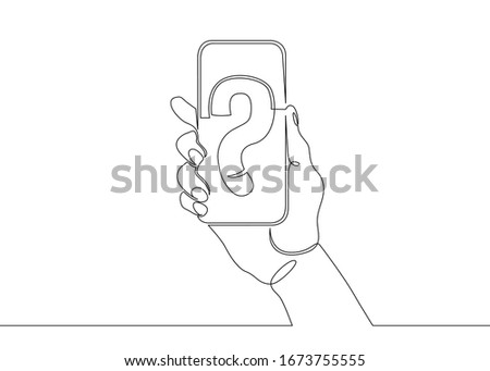 One continuous single drawn line art doodle phone, mobile, smartphone, digital, screen, communication, telephone .Question mark, symbol, sign, mark, icon, question