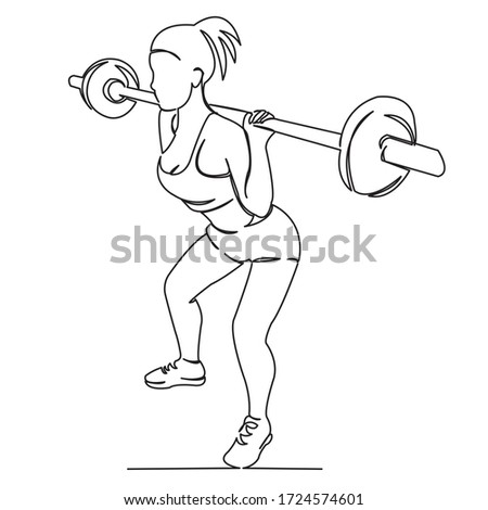 one continuous single drawn line art doodle workout, fitness, girl, gym, muscle isolated hand-drawn outline image on white background