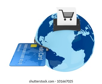 one credit card reader made with a world globe, concept of shopping everywhere (3d render)