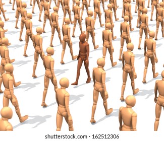 One dark wooden figure, man walking contrary to a group, crowd of walking, light wooden figures, people, 3d rendering on white background
