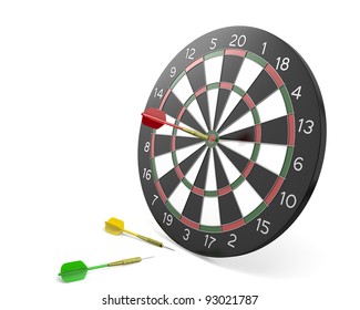 One Dart Hit The Center Of Board And Two Missed, Isolated On White Background