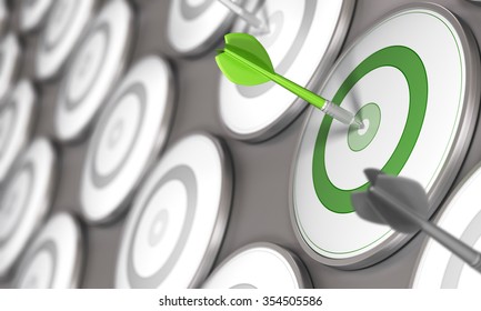 One Dart Hits The Center Of A Green Target With Many Grey Targets Around It. Concept Image For Illustration Of Business Competitiveness. 