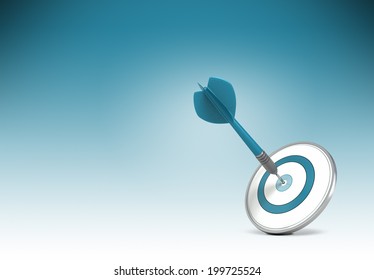 One Dart Hitting The Center Of A Target Over Gradient Background From Blue To White. Concept Illustration Of Setting Business Goals Or Objectives And Achieve It.