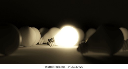 One different  light bulb stands out from crowd. Uniqueness concept. Different thinking idea. 3d rendering