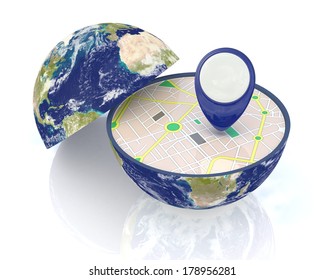 one earth globe divided into two parts, with a gps map and pin; concept of travel and new technologies;Elements of this image furnished by NASA  (3d render)